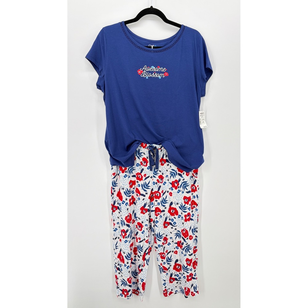 Croft & Barrow 2 Piece Pajama Set Women's Medium Blue Floral Capri NWT
